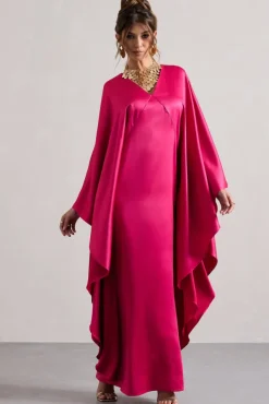 Alohi | Hot Pink Satin Plunge Cape Maxi Dress