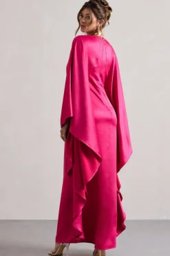 Alohi | Hot Pink Satin Plunge Cape Maxi Dress