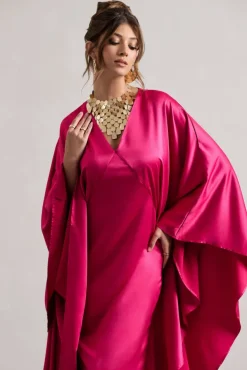 Alohi | Hot Pink Satin Plunge Cape Maxi Dress