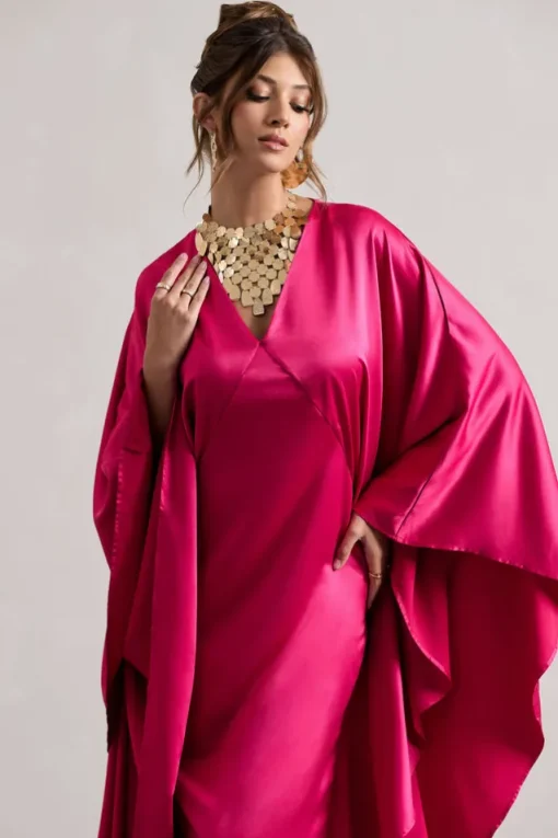 Alohi | Hot Pink Satin Plunge Cape Maxi Dress