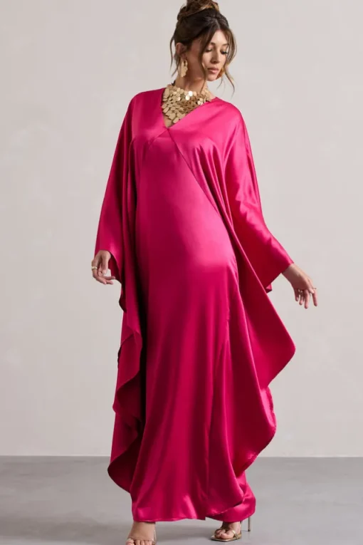 Alohi | Hot Pink Satin Plunge Cape Maxi Dress
