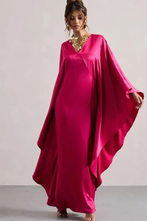 Alohi | Hot Pink Satin Plunge Cape Maxi Dress