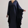 Alohi | Navy Satin Plunge Cape Maxi Dress