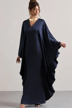 Alohi | Navy Satin Plunge Cape Maxi Dress