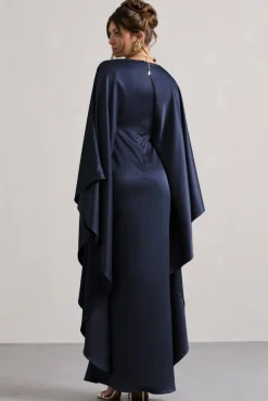 Alohi | Navy Satin Plunge Cape Maxi Dress