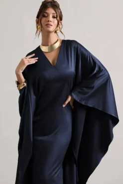 Alohi | Navy Satin Plunge Cape Maxi Dress