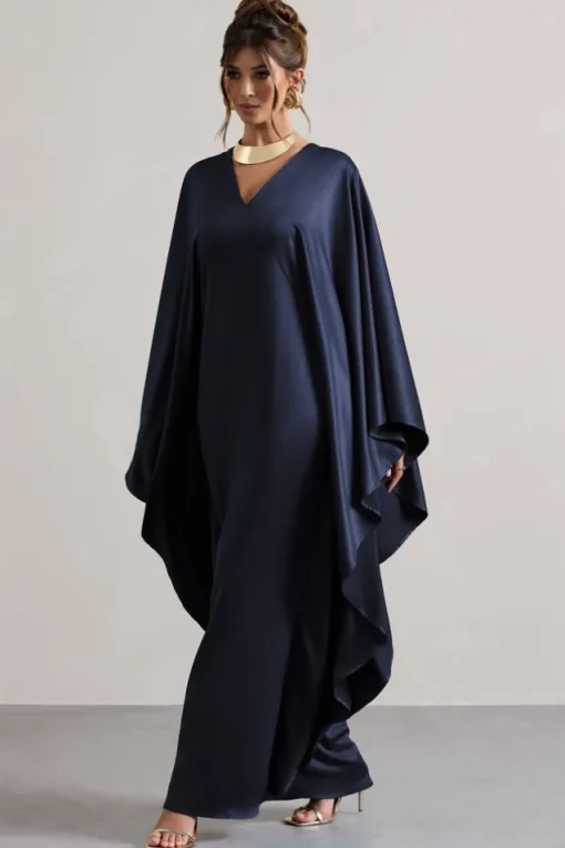 Alohi | Navy Satin Plunge Cape Maxi Dress