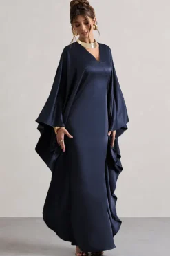 Alohi | Navy Satin Plunge Cape Maxi Dress