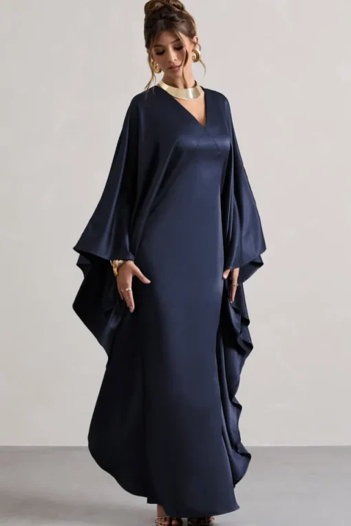 Alohi | Navy Satin Plunge Cape Maxi Dress