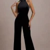 Alondra | Black Velvet High-Neck Straight-Leg Jumpsuit