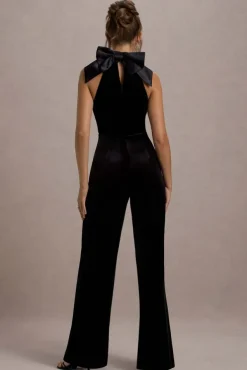 Alondra | Black Velvet High-Neck Straight-Leg Jumpsuit