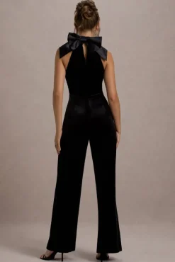 Alondra | Black Velvet High-Neck Straight-Leg Jumpsuit