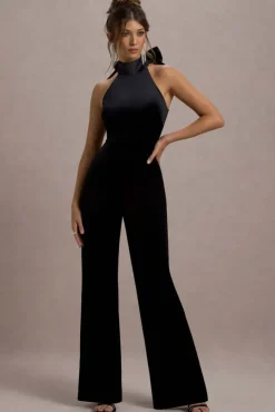 Alondra | Black Velvet High-Neck Straight-Leg Jumpsuit