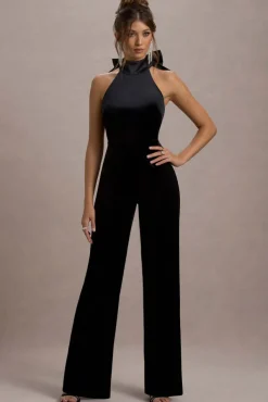 Alondra | Black Velvet High-Neck Straight-Leg Jumpsuit