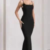 Alora | Black Strappy Lace-Up Maxi Dress With Flower Corsage