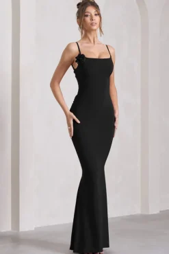 Alora | Black Strappy Lace-Up Maxi Dress With Flower Corsage