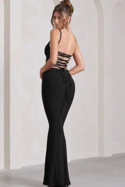 Alora | Black Strappy Lace-Up Maxi Dress With Flower Corsage