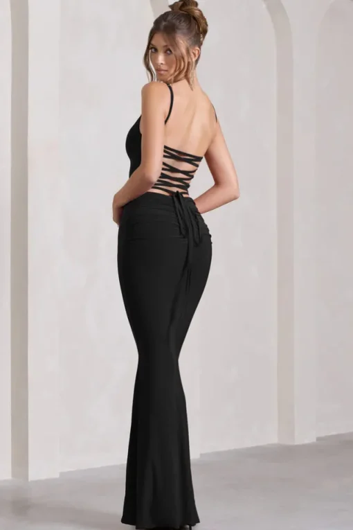 Alora | Black Strappy Lace-Up Maxi Dress With Flower Corsage