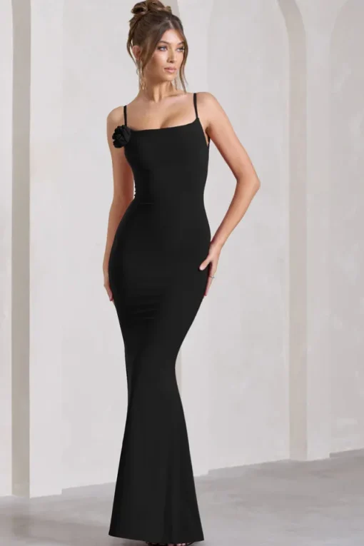 Alora | Black Strappy Lace-Up Maxi Dress With Flower Corsage