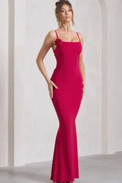 Alora | Red Strappy Lace-Up Maxi Dress With Flower Corsage