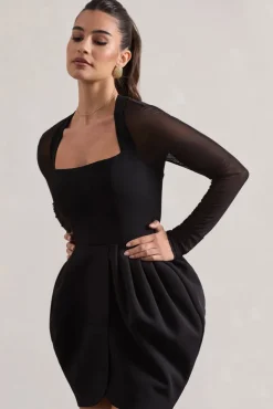 Alto | Black Square-Neck Mini Dress With Puff Skirt