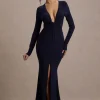 Aluna | Navy Plunge-Neck Twisted Split Maxi Dress