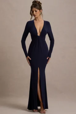 Aluna | Navy Plunge-Neck Twisted Split Maxi Dress