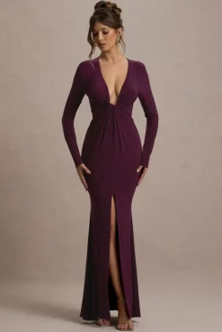 Aluna | Plum Plunge-Neck Twisted Split Maxi Dress