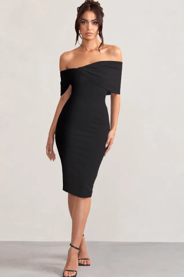 Alyssa | Black Bardot Bow Detail Midi Dress