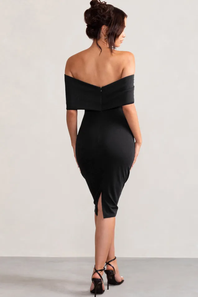 Alyssa | Black Bardot Bow Detail Midi Dress