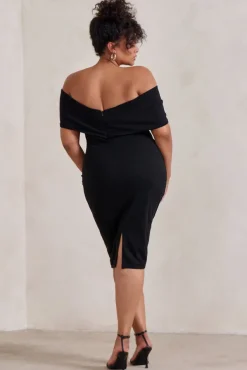 Alyssa | Black Bardot Bow Detail Midi Dress