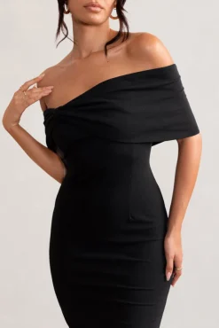 Alyssa | Black Bardot Bow Detail Midi Dress