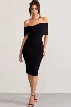 Alyssa | Black Bardot Bow Detail Midi Dress