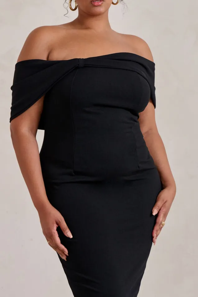 Alyssa | Black Bardot Bow Detail Midi Dress