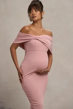Alyssa | Blush Bardot Bow Maternity Midi Dress with Ruching