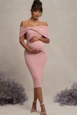 Alyssa | Blush Bardot Bow Maternity Midi Dress with Ruching