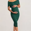 Alyssa | Bottle Green Bardot Bow Maternity Midi Dress with Ruching