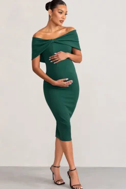 Alyssa | Bottle Green Bardot Bow Maternity Midi Dress with Ruching