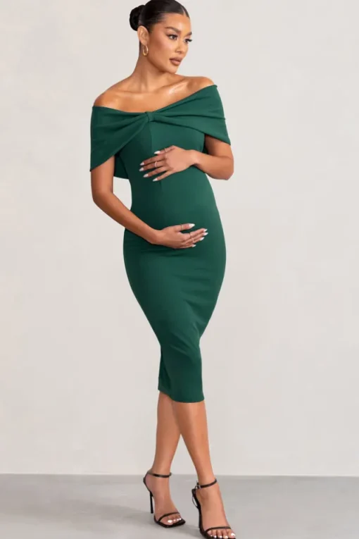 Alyssa | Bottle Green Bardot Bow Maternity Midi Dress with Ruching