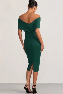 Alyssa | Bottle Green Bardot Bow Maternity Midi Dress with Ruching