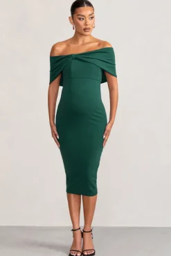 Alyssa | Bottle Green Bardot Bow Maternity Midi Dress with Ruching