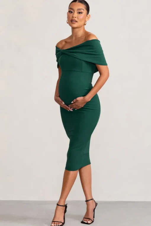 Alyssa | Bottle Green Bardot Bow Maternity Midi Dress with Ruching