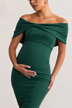 Alyssa | Bottle Green Bardot Bow Maternity Midi Dress with Ruching
