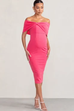 Alyssa | Hot Pink Bardot Bow Maternity Midi Dress with Ruching