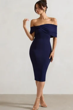 Alyssa | Navy Bardot Bow Detail Midi Dress