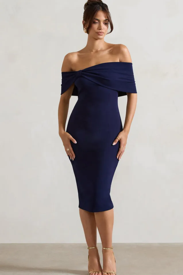 Alyssa | Navy Bardot Bow Detail Midi Dress