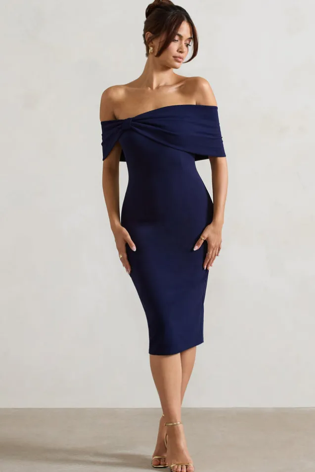 Alyssa | Navy Bardot Bow Detail Midi Dress