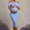 Alyssa | Powder Blue Bardot Bow Maternity Midi Dress with Ruching