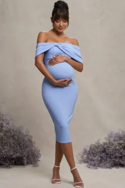 Alyssa | Powder Blue Bardot Bow Maternity Midi Dress with Ruching