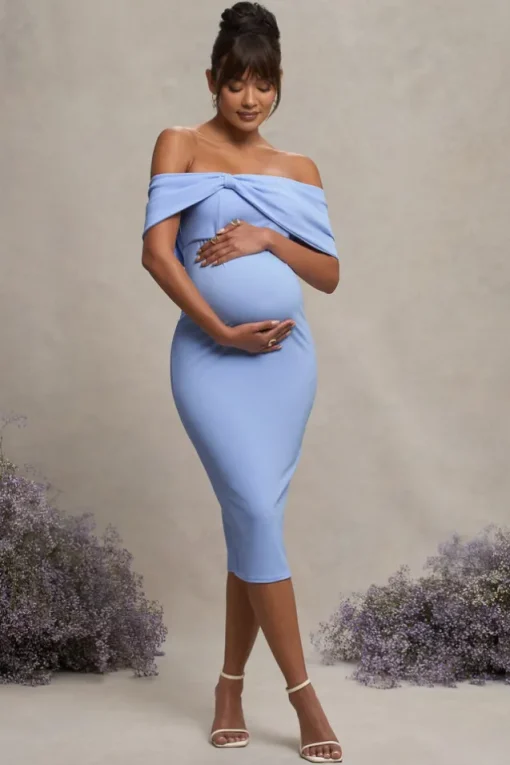 Alyssa | Powder Blue Bardot Bow Maternity Midi Dress with Ruching